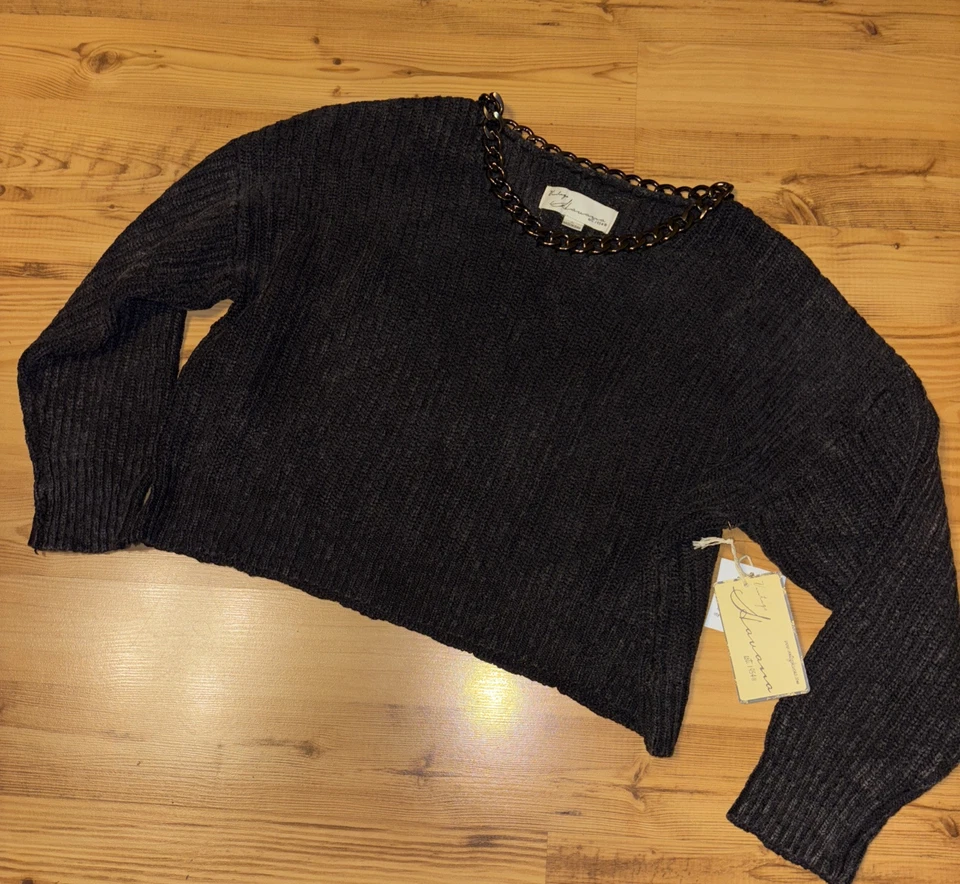 NWT Vintage Havana Sz L Gunmetal Chain Pullover Sweater Washed Black Cotton Boxy - Image 2 of 4