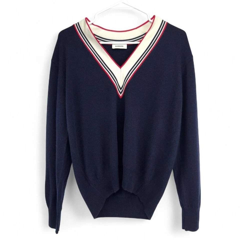 Suéter SANDRO “Steven” Preppy Lana Cachemira Marinero Azul Marino Blanco Rojo Cuello en V S Foto 3 de 4