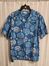 Barefoot In Paradise Blue Palm Leaves Print Hawaiian Shirt Men's Size LARGE