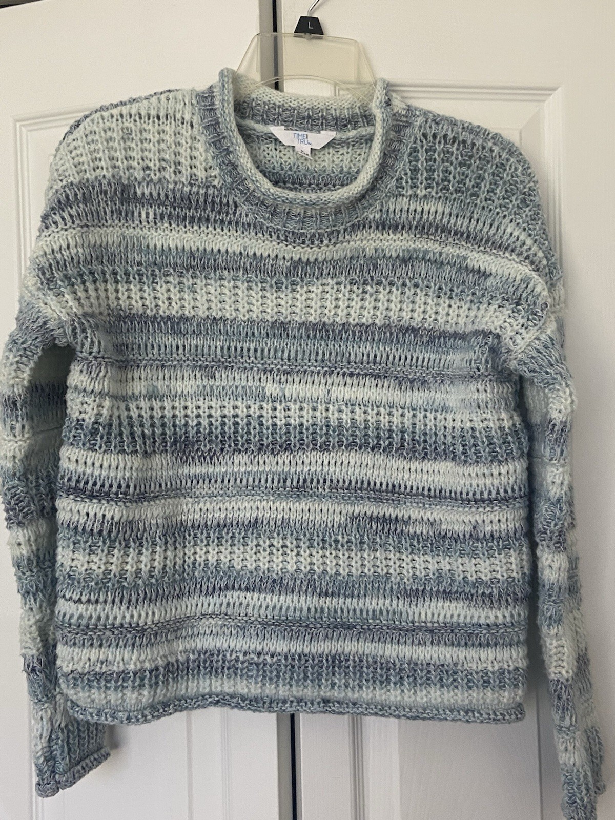 Time and Tru Women's Blue White Striped Knit Pullover Sweater Long Sleeve L