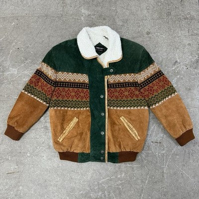 Vintage Pelle Jacket Colorful Knitted Patterns Size M Shearling Collar Pockets