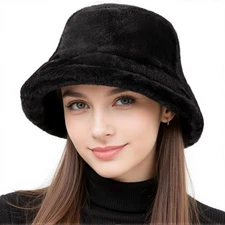Winter Bucket Hat Fluffy Faux Fur Fisherman Cap for Women Men Accessories