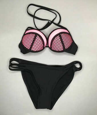 Jolidon Damen Bikini SET XF1U Gepolstert Push-Up Schwarz/Rosa Neon Neu