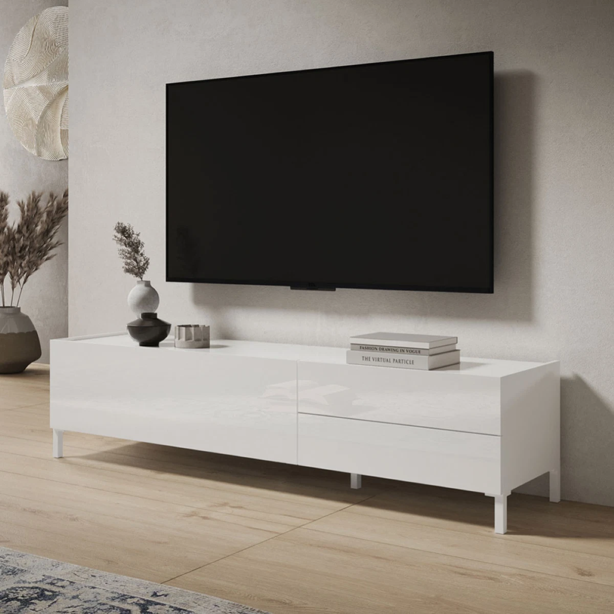 Mobile TV In Legno Massello Di Acacia 90 Cm - Armadio Basso Con 2 Cassetti E 2 Vani, Finitura Naturale Lucida