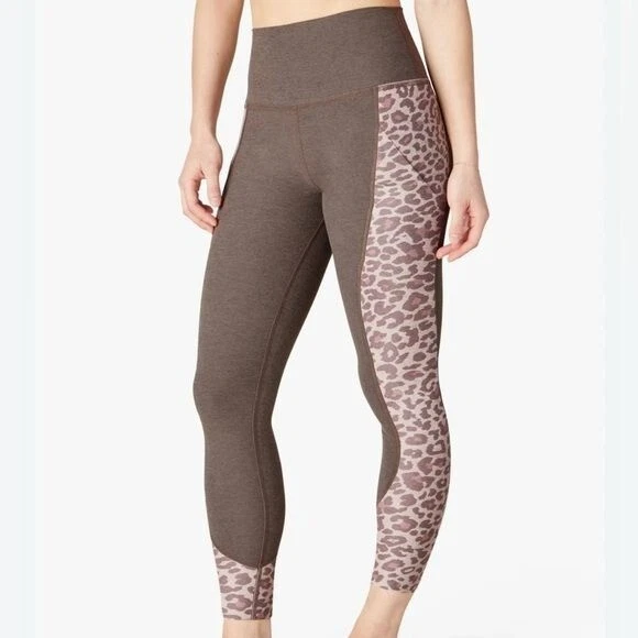 beyond-yoga mixed panel cheetah high rise pocket leggings
