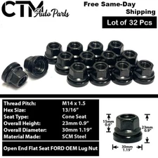 32x Ford OEM Factory Black 14x1.5 Flat Seat Open Lug Nut F250 F350 Super Duty