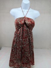 FOREVER 21 WOMENS RED BROWN FLORAL HALTER TOP DRESS POCKETS ELASTIC BACK