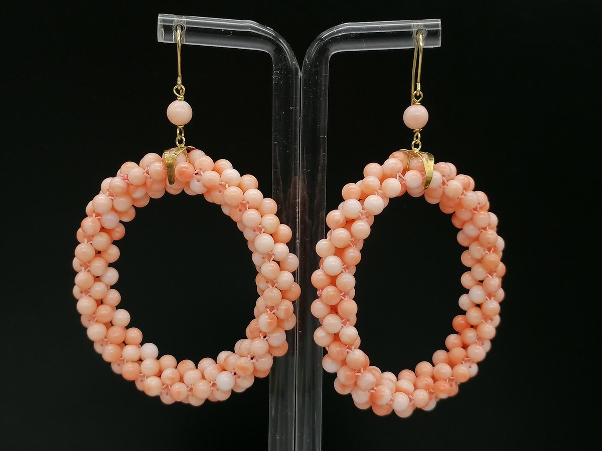 18 Carat Yellow Gold Women's Hoop Earrings With Real Pink Coral