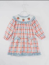 Blue Orange Plaid Pumpkin Girl Smocked Dress 5 6 Years