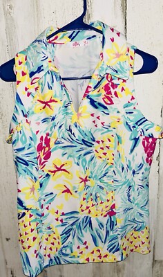 Areya Sleeveless Polo Golf Shirt Pineapple Watercolor Sz Large Stretch Ruffle
