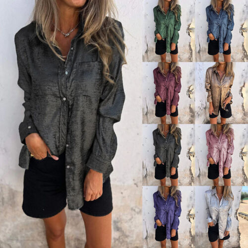 Womens Button Turn Down Collar Long Sleeve T-shirt Ladies Casual Blouses Tops