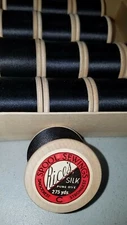 ONE 275-YDS.SPOOL/BLACK/SIZE C/RICE'S PURE DYE SILK SEWING THREAD/VTG.1950's USA