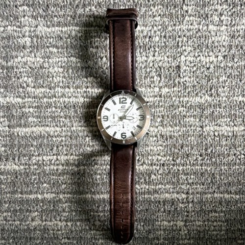 Casio Edifice Chronograph Quartz Watch Brown Leather Strap Silver Case