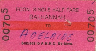 Railway tickets SA ANRC Balhannah to Adelaide half fare economy single 1979