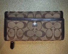 COACH Signature Jacquard & Leather Checkbook Cover Billfold - Brown Logo