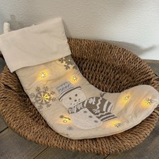 POTTERY BARN LIT EMBELLISHED SNOWMAN CHRISTMAS STOCKING  IVORY COTTON/LINEN