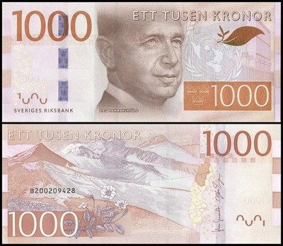 未使用　スウェーデン　最高額　1000クローナ紙幣　P-74 Sweden 1000 Kronor, 2015 ND, P-74, UNC | eBay