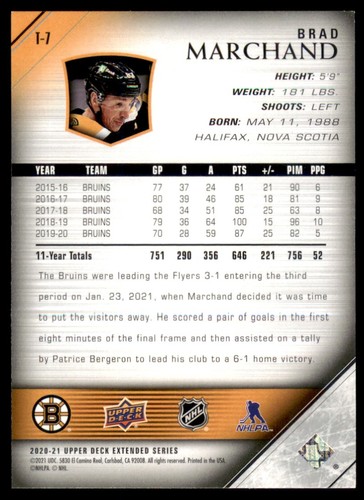 2020-21 Upper Deck Extended 2005 Tirbute #T-7 Brad Marchand Bruins - Picture 2 of 2