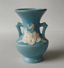 WELLER ART POTTERY BLUE CAMEO ROSE 6.5" VASE