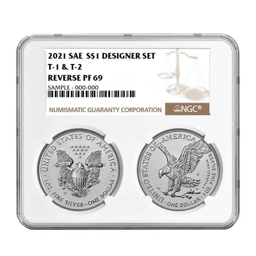 2pc Set - 2021 $1 1-oz Reverse Proof American Silver Eagle Designer NGC PF69
