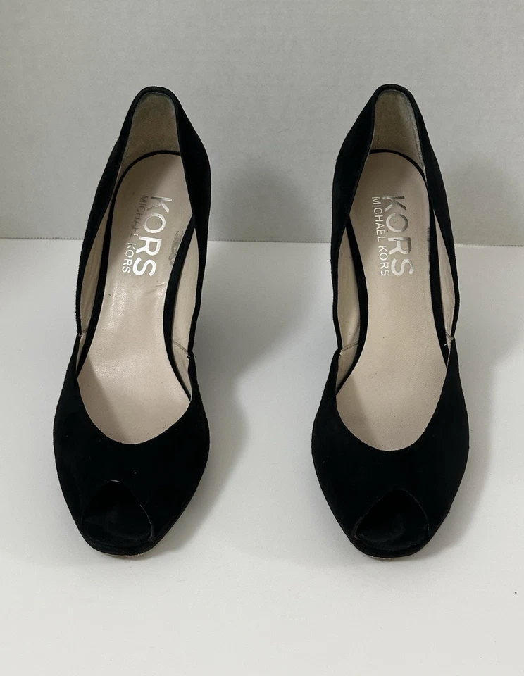 Zapatos de tacón de cuña Michael Kors para mujer de cuero de gamuza negro punta abierta EE. UU. 9,5 Foto 2 de 4