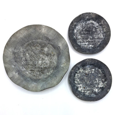 Lot of 3 John Deere Van Brunt Vintage Steel Box Drill Sample Ashtrays 1 Lg+2 Sm