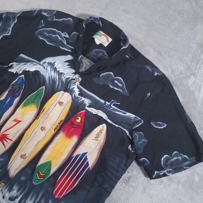 Paradise Found Hawaiian Shirt Mens Large Surfboard Surfer Button Up Aloha Rayon