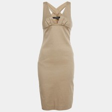 Gucci Beige Patterned Cotton Plunge Neck Midi Dress S