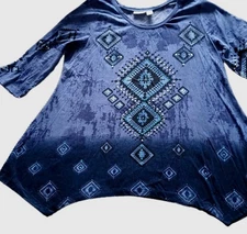 COLLECTIONS ETC Womens XXL Hippie Boho Sharkbite Hem Sequins 3/4 Sleeve Top Blue