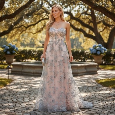 Windsor Grey Lace Strapless Formal Gown Pink Underlay Size 7 X43851P6TC50-GRAY
