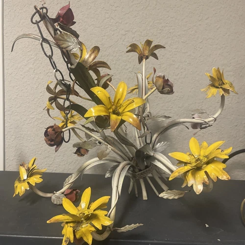 Vintage Tole Chandlier with Multi-Colored Flowers For Parts