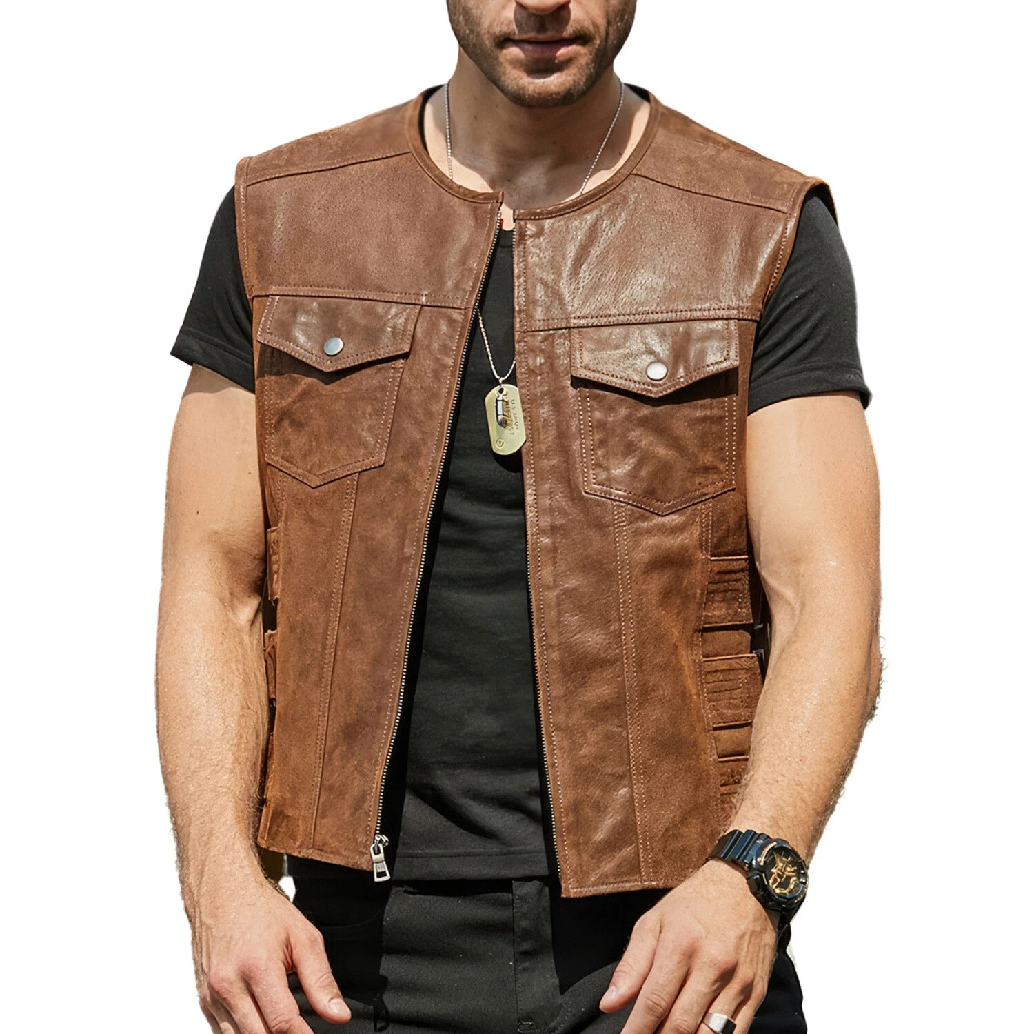 Men's Vintage Moto Biker Vest Genuine Cowhide Leather Classic Slim Fit Waistcoat