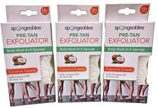 ( 3 ) Spongeables Pre-Tan Exfoliator Body Wash Sponge Coconut Colada & Olive Oil