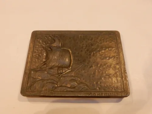art deco    tin box with repousse relief of sailing ship in pewter material sail image 2