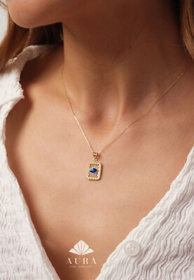 14K Gold Evil Eye Halskette, Quadrat Minimalistischer Evil Eye, Schutz Anhänger, Gold