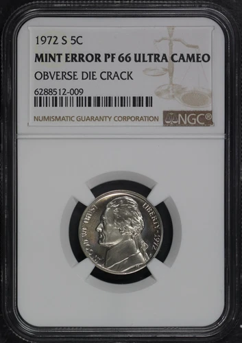 1972-S Jefferson Nickel NGC PF-66 Mint Error Obverse Die Crack
