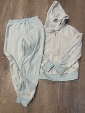 Juicy Couture Girl  s Tracksuit Size 7 Blue Velour Hoodie Spell out Sweater Pants