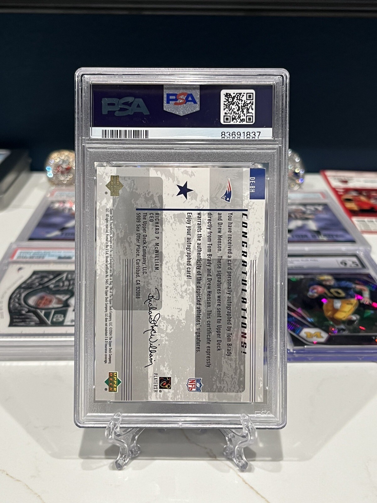 2004 UD Foundations Football Tom Brady Dual Endorsements Auto PSA 8 INVEST HOF view 2