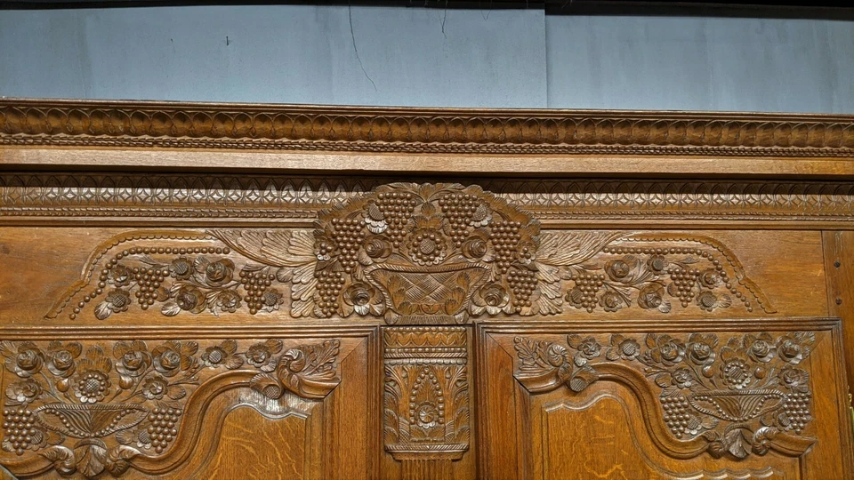 ANCIENNE ARMOIRE DE MARIAGE NORMANDE en chêne claire 19 ème panier fleuri - Photo 4/4