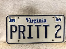 Vintage 1989 Virginia Vanity License Plate &ldquo;PRITT 2&rdquo;