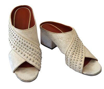 3.1 PHILLIP LIM 39 Cube Studded White Leather Crisscross Mules Slides 8.5