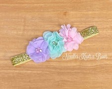 Girls Pink Aqua and Lavender Chiffon Flower Headband, 3 Flower Headband