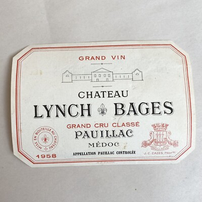 1958 Chateau Lynch Bages Wine Label Grand Cru Classe Pauillac Medoc Bordeaux