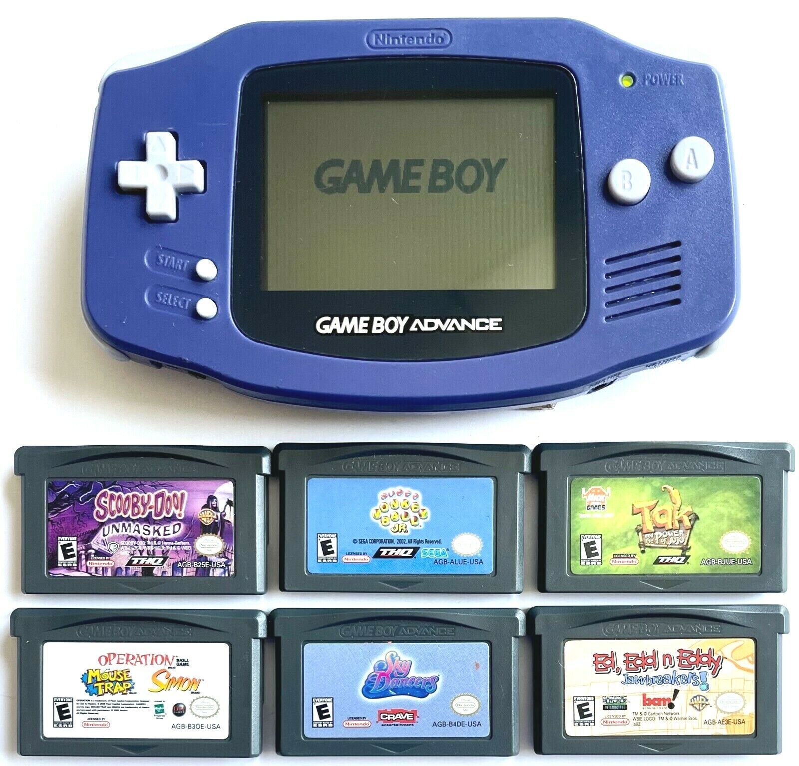 NINTENDO GAMEBOY ADVANCE AGB-001 PURPLE GAME SYSTEM BUNDLE WITH 6 GREAT  GAMES