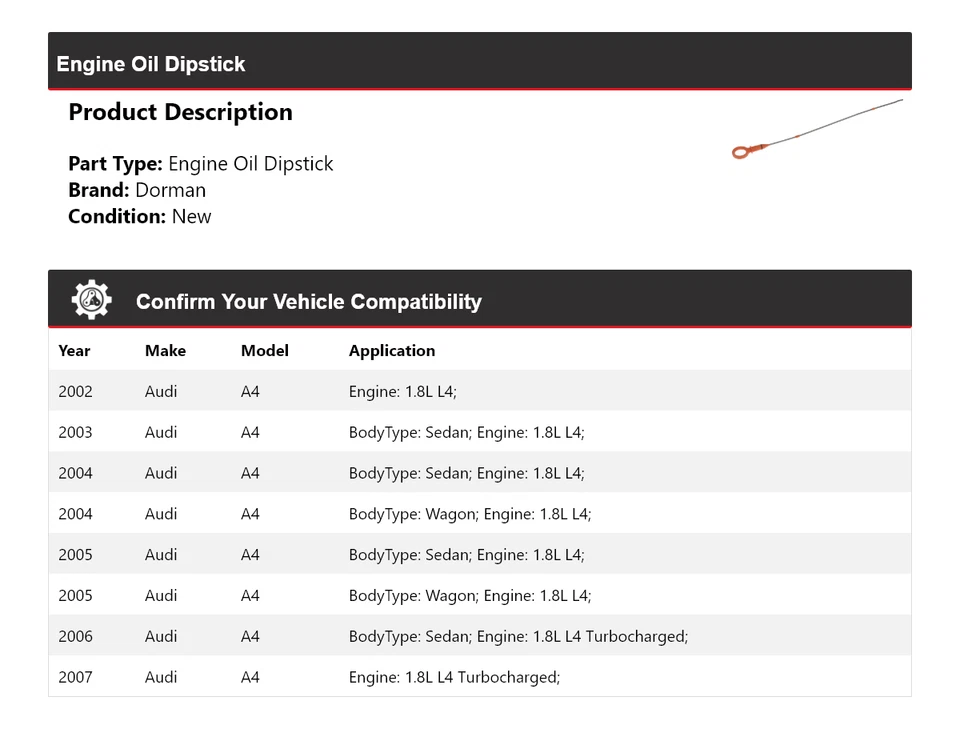 Varilla de medición de aceite de motor para Audi A4 Dorman 2002-2007 2003 2004 2005 2006 Foto 2 de 4