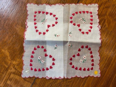 Vintage NOS Valentine Hanky Embroidered Hearts Flowers Swiss Made Original Tag!