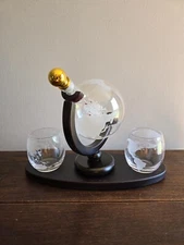 NIB 4pc Whiskey Glass Ship Decanter Set  & 2-Globe Tumblers & Wood Stand 