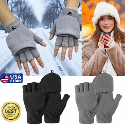 2× Knitted Convertible Mittens Flap Fingerless Gloves Warm Thermal Winter USA