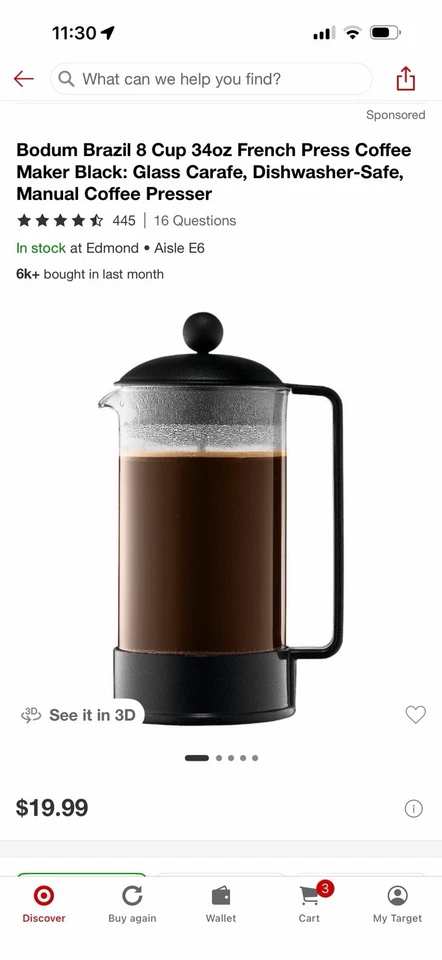 Bodum Brazil 8 Cup 34oz French Press Coffee Maker Black: Glass Carafe, Dishwashe - Image 3 of 3
