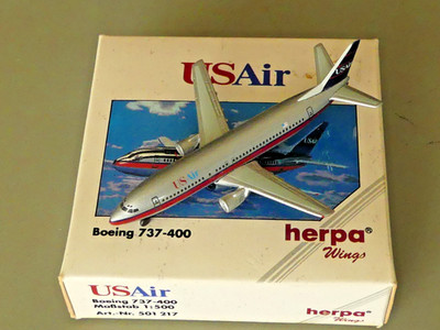 USAir 737 model by Herpa, 1/500 scale.